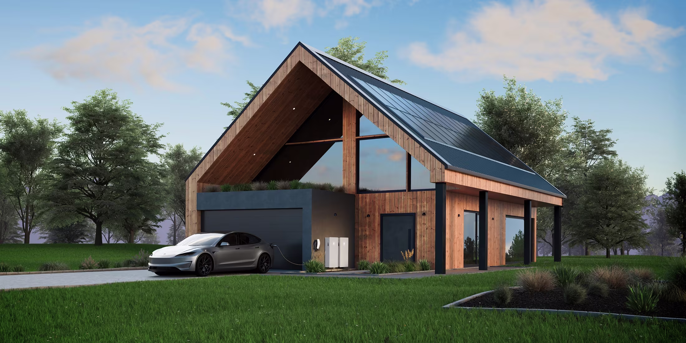 Solar panels powering an EV charger