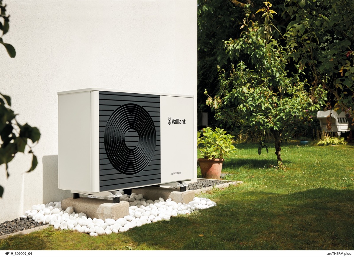 Vaillant heat pump in a quiet garden setting